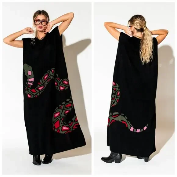 Dressed in LALA Big Reputation Oversized Knit Maxi Dress in Snake Size 2X/3X - Picture 2 of 7